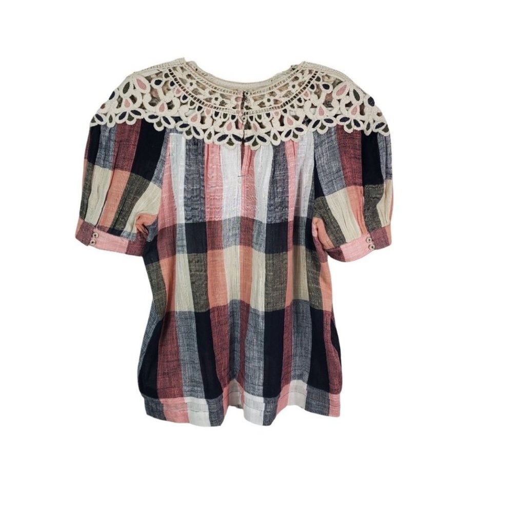 Anthropologie Swing Top Plaid With Lace Detail Puff Sleeve Large
